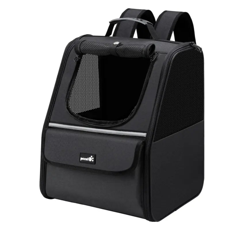 Pecute Trapezoidal Cat Backpack, Comfortable Travel, Well-Ventilated, Available in Black and Grey.