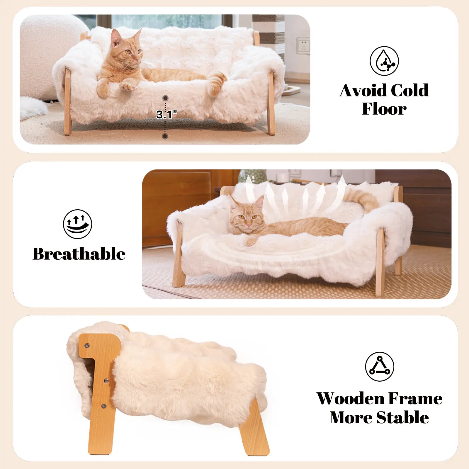 Elevated Pet Couch Bed, Wooden Cat and Small Dog Sofa, Removable Washable Fluffy Cover Raised, Kitty Lounge Chair Suitable for Puppy for Indoor