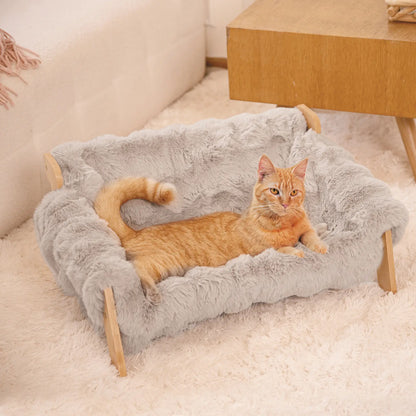 Elevated Pet Couch Bed, Wooden Cat and Small Dog Sofa, Removable Washable Fluffy Cover Raised, Kitty Lounge Chair Suitable for Puppy for Indoor