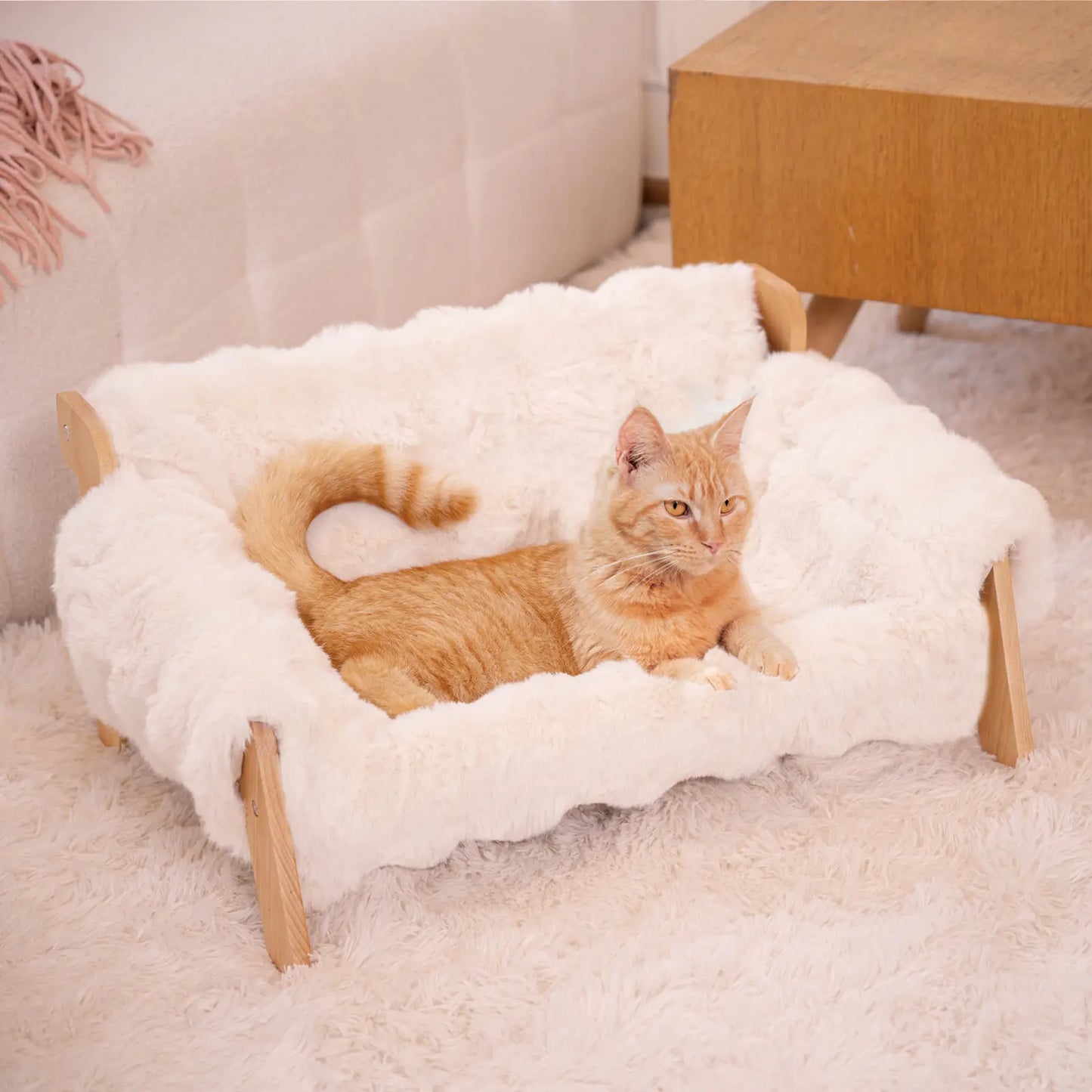 Elevated Pet Couch Bed, Wooden Cat and Small Dog Sofa, Removable Washable Fluffy Cover Raised, Kitty Lounge Chair Suitable for Puppy for Indoor