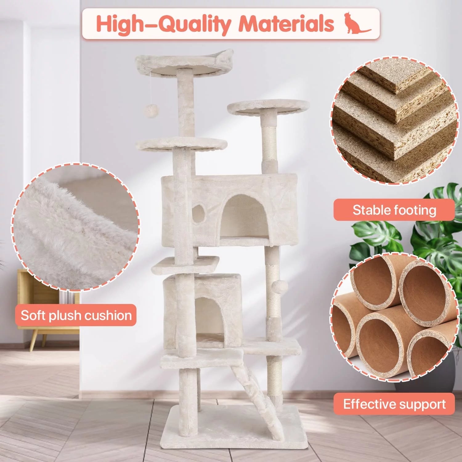 Torre De Juego De 54 Pulgadas Con Doble Condominio Cat Tree Con Poste Rascador Y Percha Para Interiores, Beige