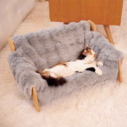 Elevated Pet Couch Bed, Wooden Cat and Small Dog Sofa, Removable Washable Fluffy Cover Raised, Kitty Lounge Chair Suitable for Puppy for Indoor