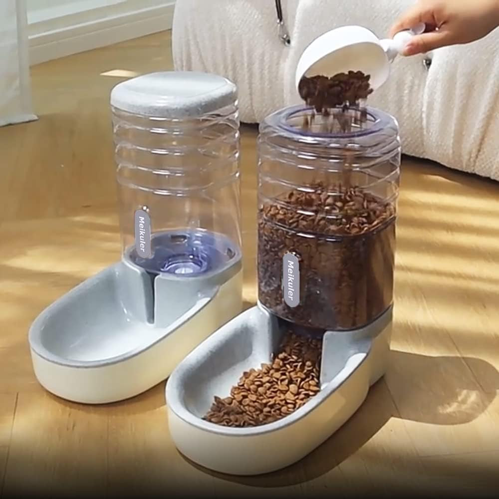 Automatic Dog Cat Feeder and Water Dispenser Set,Waterer and Gravity Food Feeder for Small & Medium Dogs Cats Puppies,Large Capacity 1 Gallon X 2 (Grey)