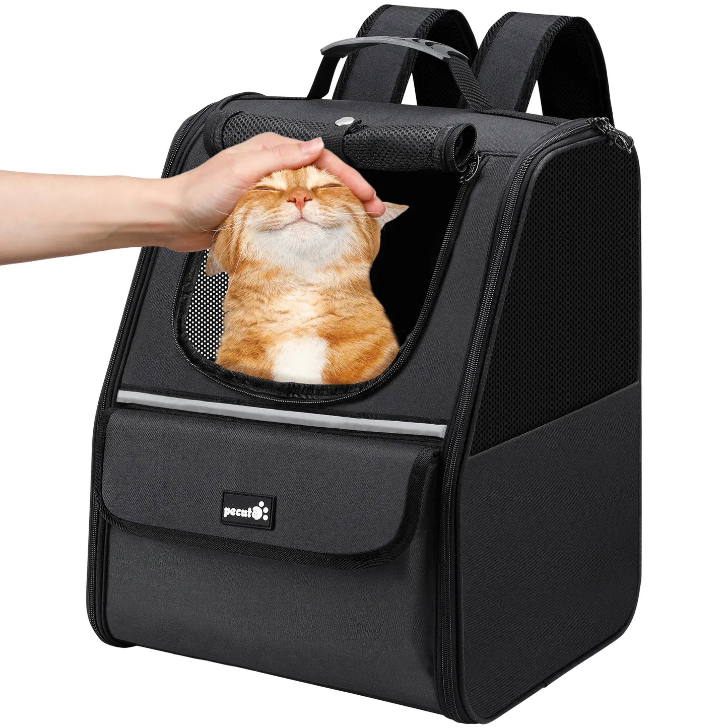 Pecute Trapezoidal Cat Backpack, Comfortable Travel, Well-Ventilated, Available in Black and Grey.