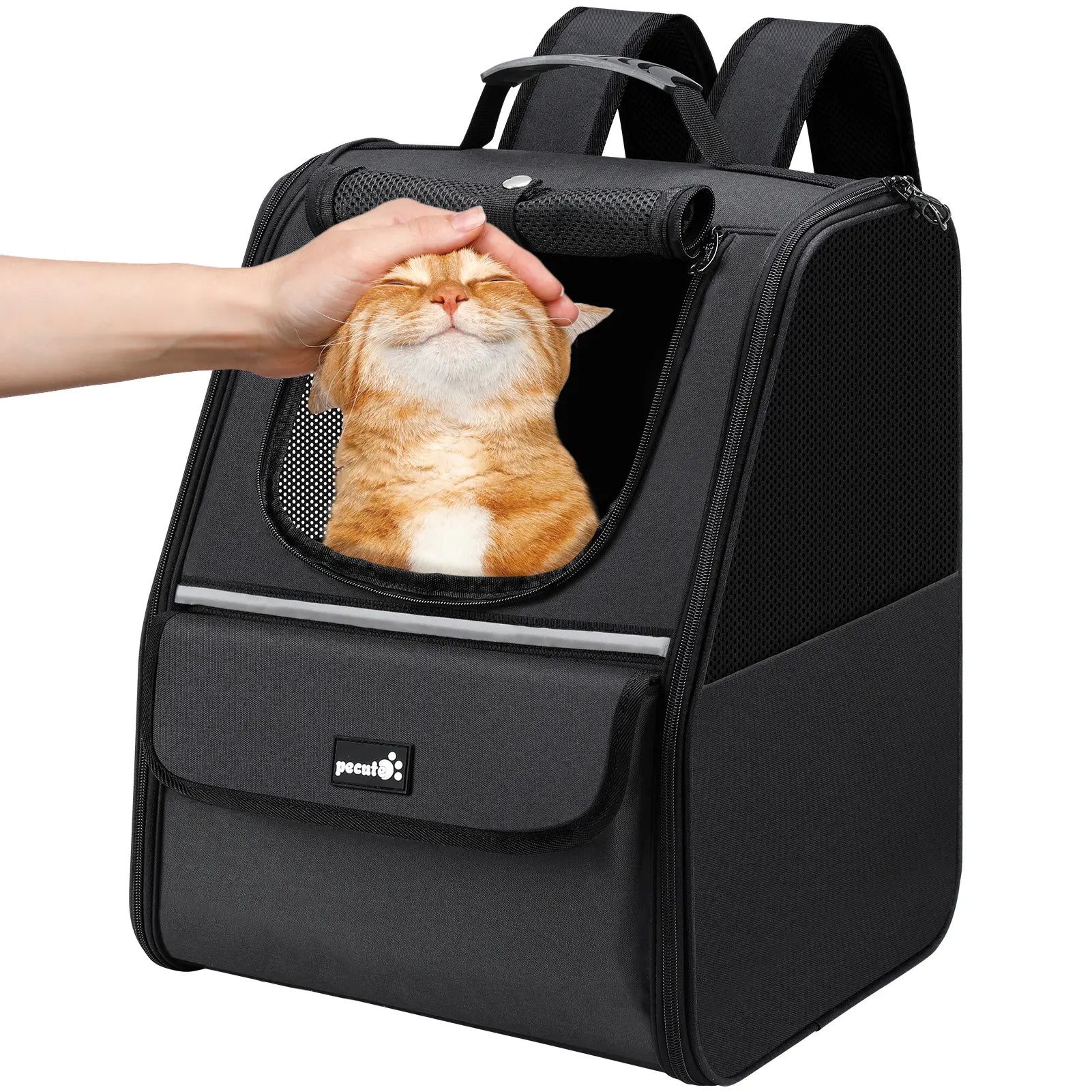Pecute Trapezoidal Cat Backpack, Comfortable Travel, Well-Ventilated, Available in Black and Grey.